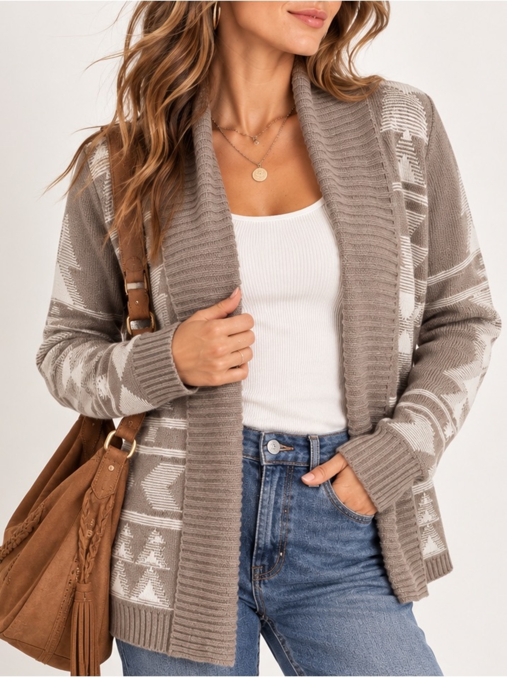 Charlotte Russe Southwestern Open Front Cardigan Taupe Cream Western Boho Medium